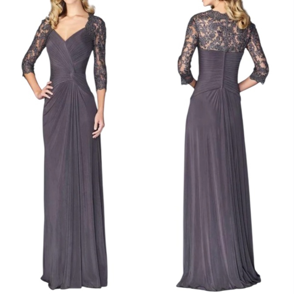 La Femme dark gray lace embroidered v-neck long sleeve evening gown size 6